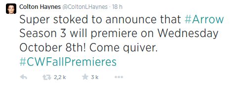 Tweet Colton Haynes Début Saison 3 Arrow